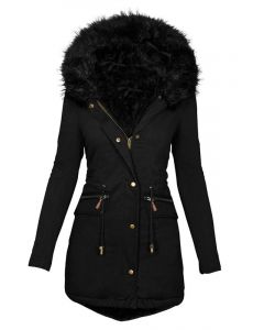 Black Zipper Buttons Drawstring Pockets Faux Fur Hooded Fashion Plus Size Padded Coat