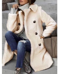 Beige Pockets Double Breasted Turndown Collar Long Sleeve Fashion Wool Coat