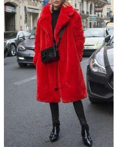 Red Pockets Turndown Collar Long Sleeve Fashion Fluffy Plus Size Faux Fur Coat