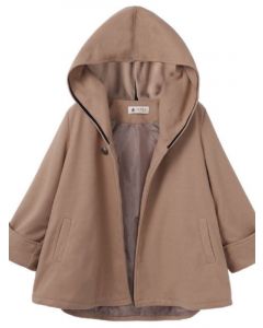 Khaki Pockets Hooded Long Sleeve Fashion Cloak Coat