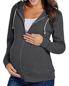 Dark Grey Zipper Drawstring Hooded Long Sleeve Casual Maternity Coat
