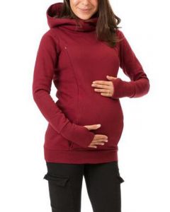 Wine Red Zipper Pockets Multi-Functional Maternity and Lactant Women Hooded Casual Maternity Nursing Sweatshirt