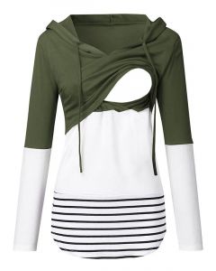 Dunkelgrünes gestreiftes multifunktionales Umstands-Still-Sweatshirt mit Kapuze und gestreiftem Kordelzug
