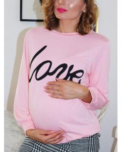 Pink Letter Print Round Neck Long Sleeve Fashion Maternity Sweatshirt
