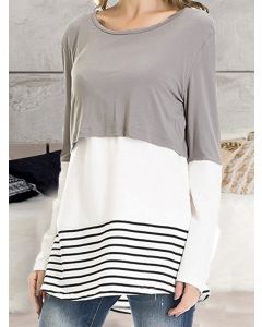 Grey Patchwork Striped Lace Multi-Functional Breast Feeding Long Sleeve Casual Maternity Nursing T-Shirt