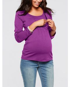 Purple Cross Chest Multi-Functional Breast Feeding Long Sleeve Casual Maternity Nursing T-Shirt