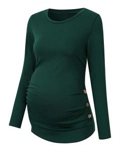Green Buttons Round Neck Long Sleeve Casual Maternity T-Shirt