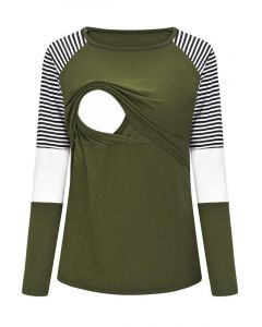Army Green Patchwork Striped Multi-Functional Breast Feeding Long Sleeve Casual Maternity Nursing T-Shirt