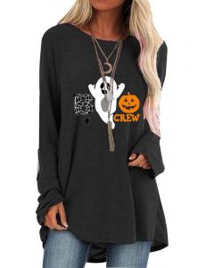 Black Letter Pumpkin Print Round Neck Long Sleeve Casual Halloween T-Shirt