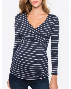 Navy Blue Striped Cross Chest Multi-Functional Breast Feeding V-neck Long Sleeve Casual Maternity Nursing T-Shirt