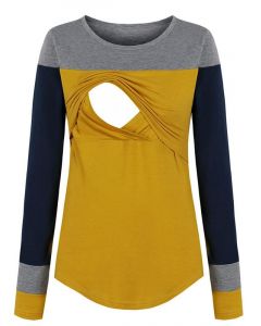 Yellow Color Block Patchwork Maternity and Lactant Women Multi-Functional Long Sleeve Casual Nursing T-Shirt