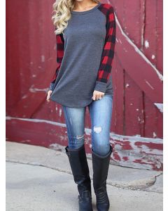 Red Patchwork Plaid Round Neck Long Sleeve Casual Plus Size T-Shirt