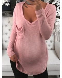 T-shirt tasche con scollo A V manica lunga maternità casual rosa