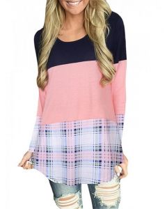 Pink Patchwork Plaid Lace Multi-Functional Breast Feeding Long Sleeve Casual Maternity Nursing T-Shirt