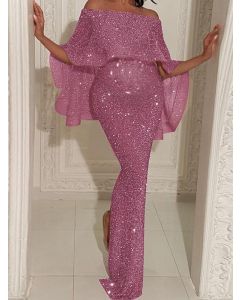 Pink Sequin Ruffle Glitter Off Shoulder Boat Neck Elegant Ball Gown Maxi Dress