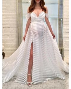White Draped Side Slit Big Swing V-neck Elegant Maternity Maxi Dress