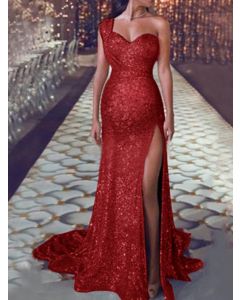 Red Sequin Bronzing Off Shoulder Side Slit Sleeveless Elegant Maternity Maxi Dress