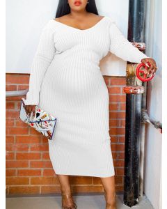 White Off Shoulder Plus Size Long Sleeve Fashion Bodycon Midi Sweater Dress