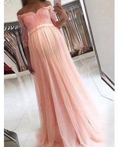 Pink Patchwork Lace Grenadine Boat Neck Elegant Bridesmaid Maxi Dress