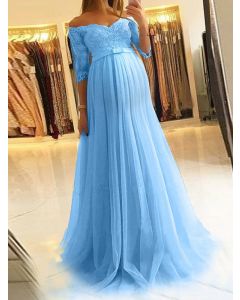 Robe longue encolure bateau en dentelle grenadine élégante pour les robes de mariée bleu