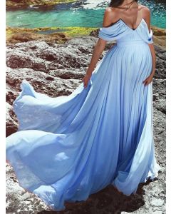 Blauer Condole Gürtel Off-Shoulder Big Swing Mutterschaft für Babyshower V-Ausschnitt Elegantes Maxikleid