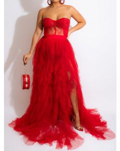 Red Patchwork Bandeau Grenadine Lace Side Slit Off-Shoulder Sleeveless Elegant Maxi Dress