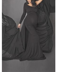 Robe longue dentelle irrégulière fluide séance photo enceinte élégante maternité noir