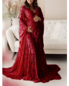Maxi vestido encaje de maternidad para babyshower abertura lateral con cuello en V manga acampanada elegante maternidad rojo vino