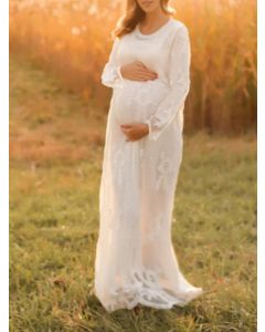 Robe maxi dentelle maternité pour babyshower col rond manches longues maternité élégante grande taille blanc