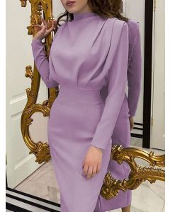 Purple High Neck Long Sleeve Elegant Bodycon Maxi Dress