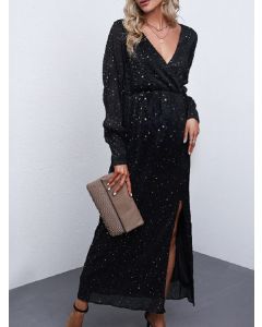 Black Cross Chest Sequin Side Slit V-neck Long Sleeve Elegant Maxi Dress