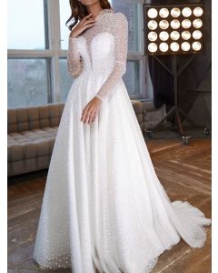 White Patchwork Pearl Draped Long Sleeve Elegant Wedding Gowns Maxi Dress