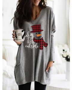 Grey Letter Snowman Pattern Pockets Round Neck Long Sleeve Casual Christmas Mini Dress