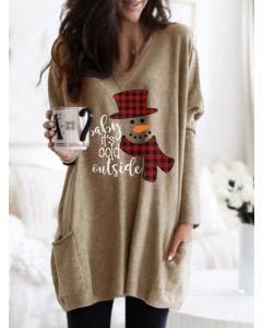Beige Letter Snowman Pattern Pockets Round Neck Long Sleeve Casual Christmas Mini Dress
