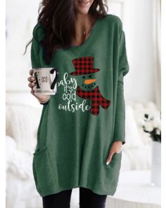 Green Letter Snowman Pattern Pockets Round Neck Long Sleeve Casual Christmas Mini Dress