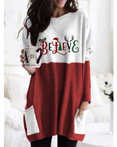 Red Patchwork Letter Pattern Pockets Round Neck Long Sleeve Casual Christmas Mini Dress