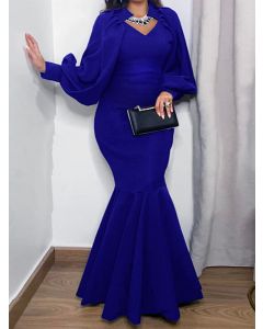 Blue Ruffle V-neck Puff Sleeve Fashion Plus Size Bodycon Maxi Dress