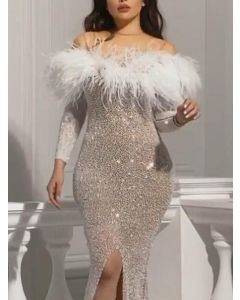 Silver Sequin Tassel Off Shoulder Front Slit Elegant Bodycon Maxi Dress