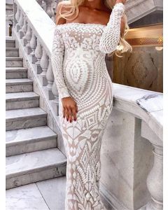White Print Off Shoulder Boat Neck Long Sleeve Fashion Bodycon Prom Evening Party Maxi Dress
