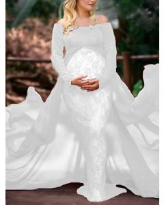 Maxi robe maternité fluide en dentelle pour babyshower hors épaule manches longues maternité blanc