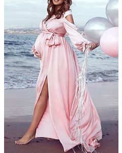 Pink Belt Side Slit Maternity For Babyshower Long Sleeve Elegant Maternity Maxi Dress