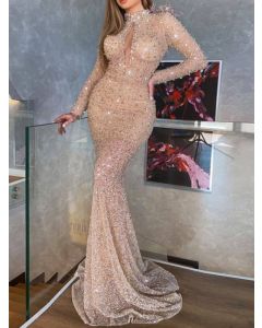 Apricot Sequin Cut Out Long Sleeve Elegant Cocktail Party Bodycon Maxi Dress