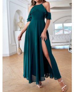 Dark Green Condole Belt Ruffle Side Slit Short Sleeve Elegant Maternity Maxi Dress