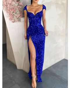 Blue Sequin Thigh High Side Slits Bodycon V-neck Elegant Evening Maxi Dress