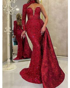 Red Sequin Irregular Mermaid One-shoulder High Neck Elegant Banquet Maxi Dress