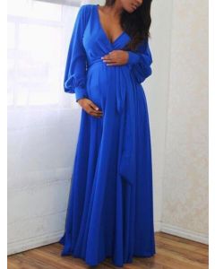 Blue Belt Draped Pregnant Photoshoot Elegant Maternity Big Swing Maxi Dress