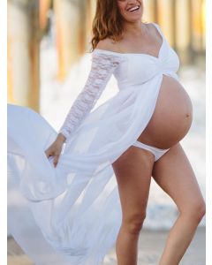 White Patchwork Lace Maternity For Babyshower Flowy V-neck Elegant Maternity Maxi Dress