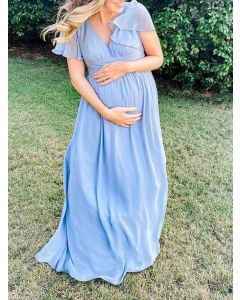 Blue Ruffle Maternity For Babyshower Flowy V-neck Elegant Maternity Maxi Dress