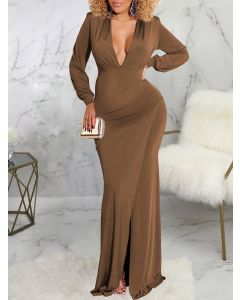 Brown Front Slit Bodycon Long Sleeve Elegant Cocktail Party Maxi Dress