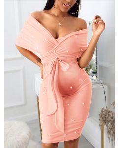 Pink Pearl Belt Lace-up Off Shoulder Boat Neck Elegant Maternity Midi Dress